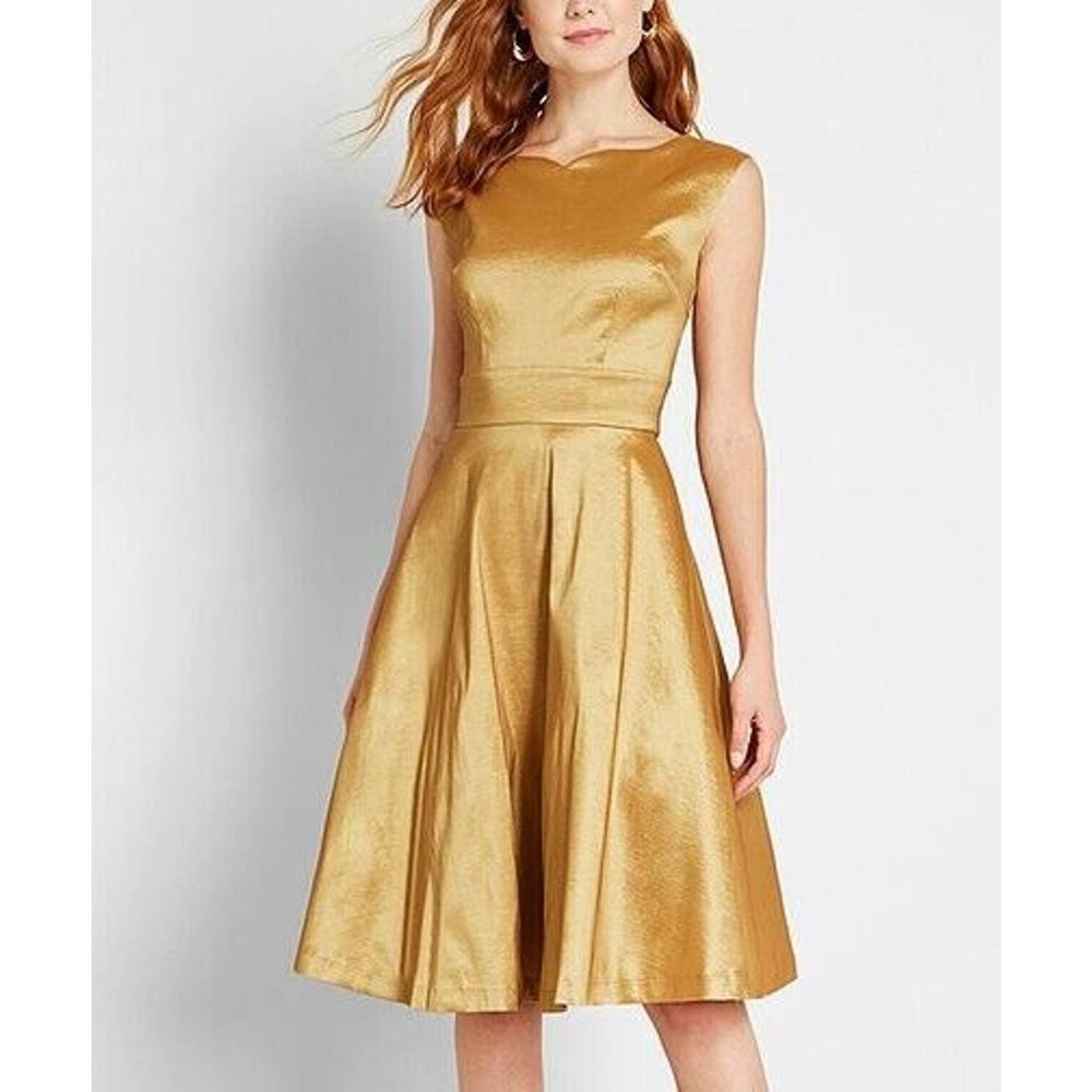 ModCloth Fantastic Satin Gold Fit and Flare Dress  Retro Pin Up Size 14